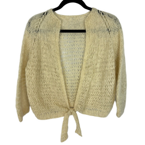 Vintage sweater Cardigan Handknit Cream Women's S-M Tie Waist Loose Knit Open